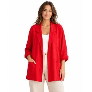 1990s Liz Claiborne Red Linen Open Front Oversized Jacket Size 6 M/L